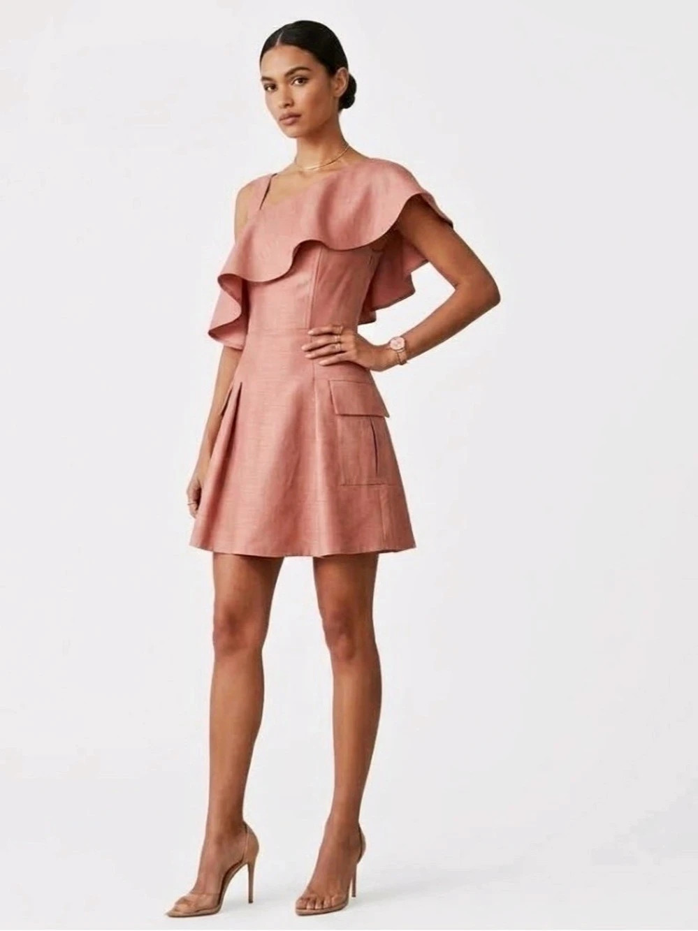 C/MEO Collective Early On Pink Woodgrain Asymmetric Ruffle Mini Dress M